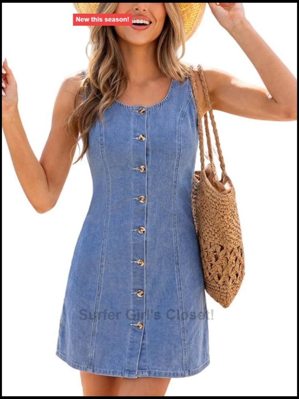 CUPSHE Women Denim Summer Dress Scoop Neck Button Front A Line Mini